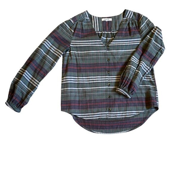 Madewell V-Neck Button-Down Shirt Sz XS Green White Plaid Cotton Neutral Earthy - Picture 4 of 14